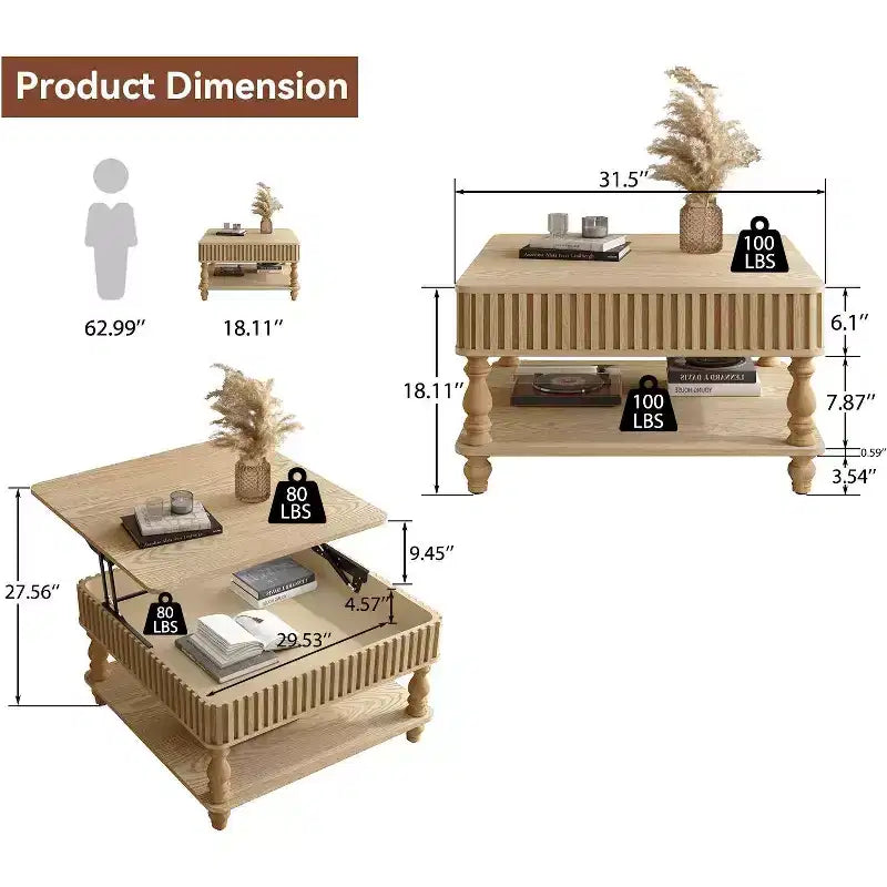 Table basse relevable carrée à 2 niveaux en bois massif avec deux espaces de rangement