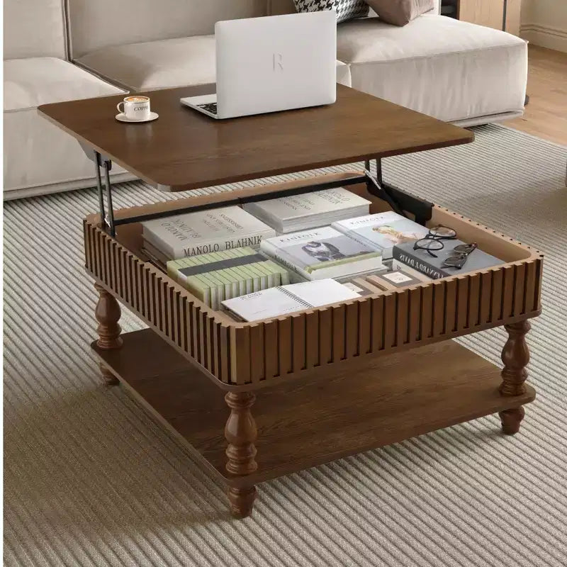 Table basse relevable carrée à 2 niveaux en bois massif avec deux espaces de rangement