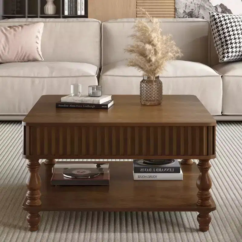Table basse relevable carrée à 2 niveaux en bois massif avec deux espaces de rangement