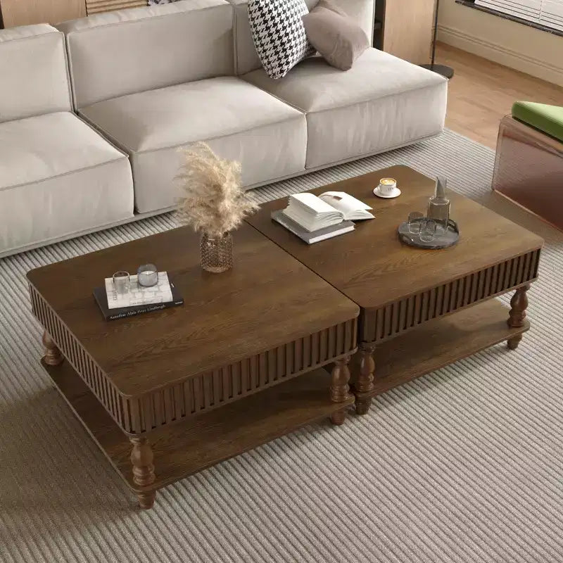 Table basse relevable carrée à 2 niveaux en bois massif avec deux espaces de rangement
