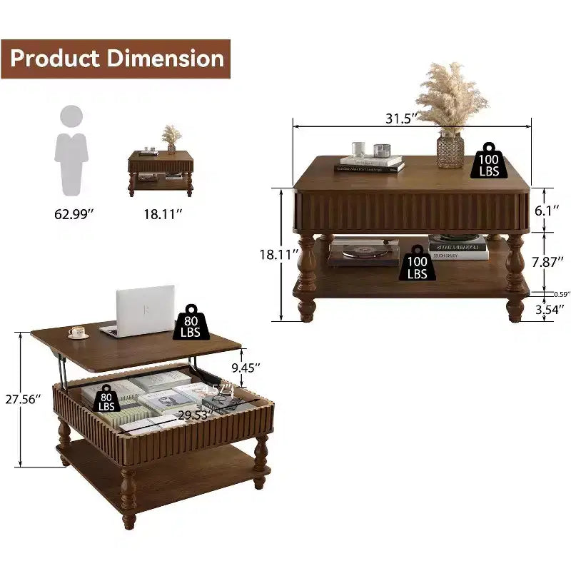 Table basse relevable carrée à 2 niveaux en bois massif avec deux espaces de rangement