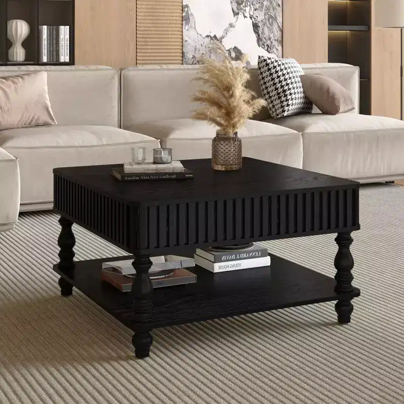 Table basse relevable carrée à 2 niveaux en bois massif avec deux espaces de rangement