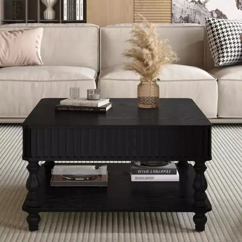 Table basse relevable carrée à 2 niveaux en bois massif avec deux espaces de rangement