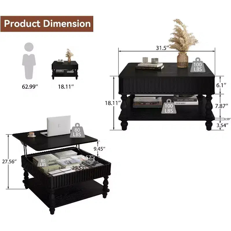 Table basse relevable carrée à 2 niveaux en bois massif avec deux espaces de rangement