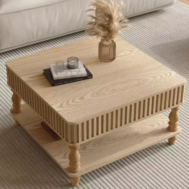 Table basse relevable carrée à 2 niveaux en bois massif avec deux espaces de rangement