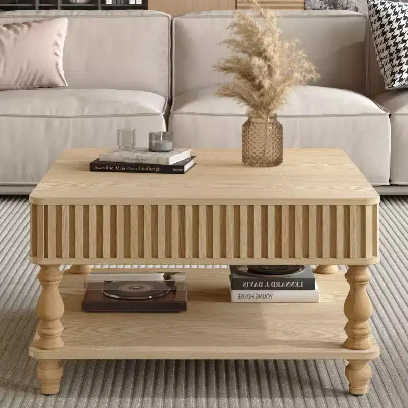 Table basse relevable carrée à 2 niveaux en bois massif avec deux espaces de rangement