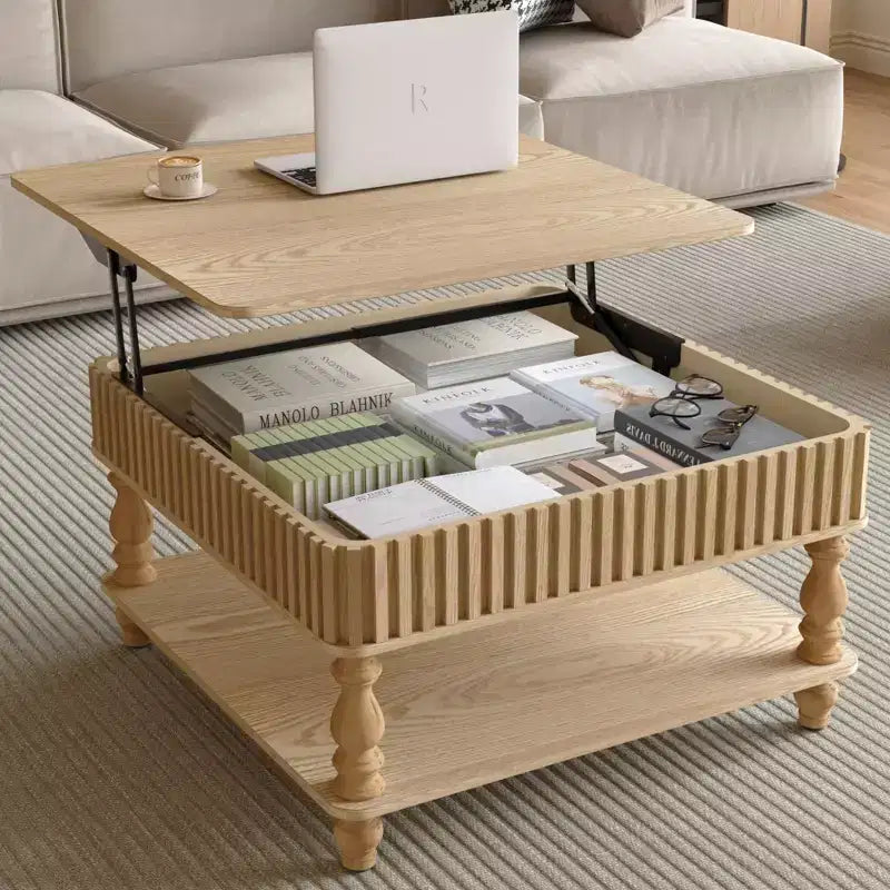 Table basse relevable carrée à 2 niveaux en bois massif avec deux espaces de rangement