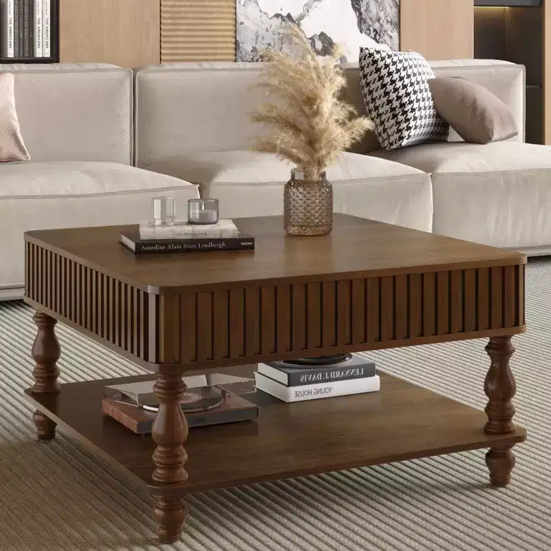 Table basse relevable carrée à 2 niveaux en bois massif avec deux espaces de rangement