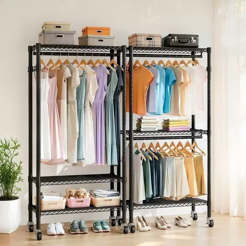Portant à vêtements robuste sur roulettes avec 3 étagères métalliques réglables, Meuble d'entrée avec 2 barres de penderie et crochets latéraux pour chambre, Noir