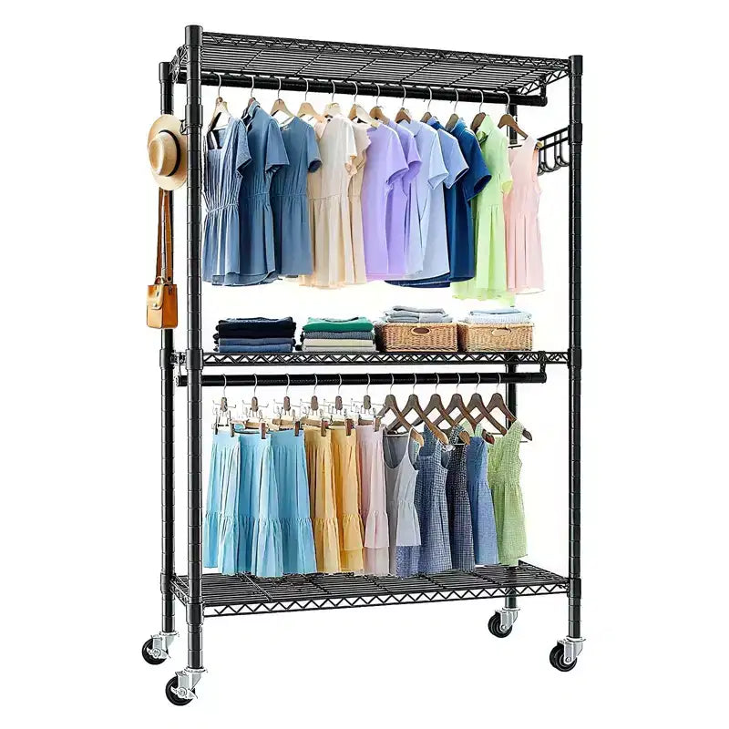 Portant à vêtements robuste sur roulettes avec 3 étagères métalliques réglables, Meuble d'entrée avec 2 barres de penderie et crochets latéraux pour chambre, Noir
