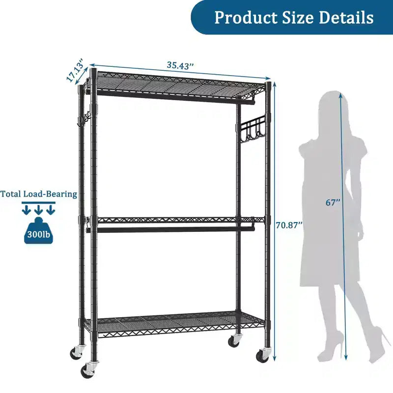 Portant à vêtements robuste sur roulettes avec 3 étagères métalliques réglables, Meuble d'entrée avec 2 barres de penderie et crochets latéraux pour chambre, Noir