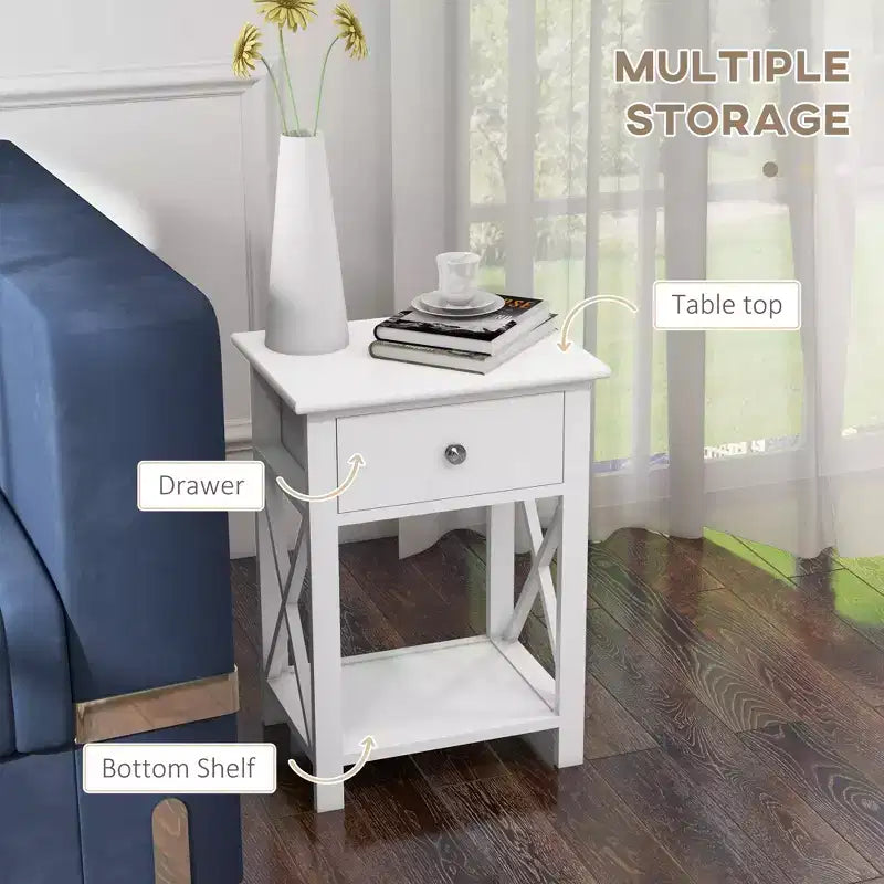Table d'appoint, Table de chevet de style Ferme avec Tiroir de Rangement, Étagère Ouverte et Structure en X, Table de Nuit pour Salon