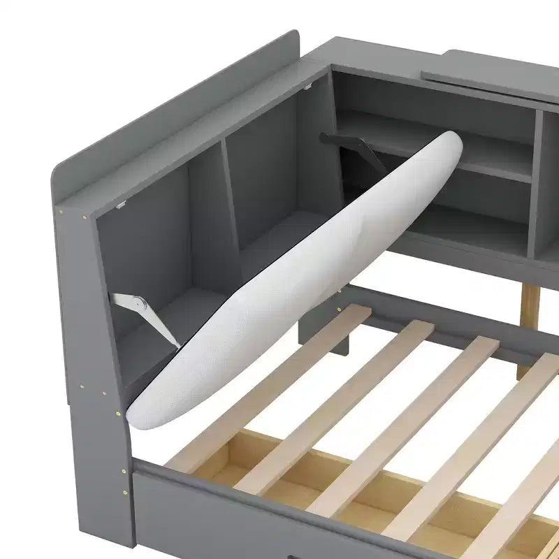 Lit plateforme double avec tête de lit de rangement, cadre de lit en bois avec étagères et 2 tiroirs, gris