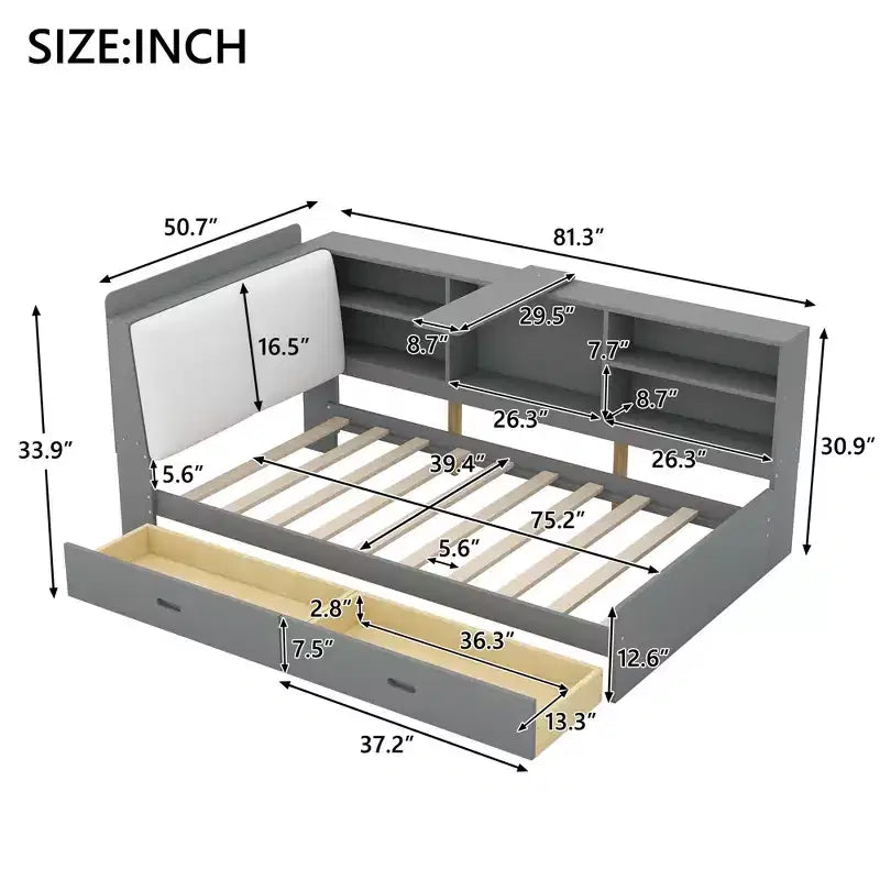 Lit plateforme double avec tête de lit de rangement, cadre de lit en bois avec étagères et 2 tiroirs, gris