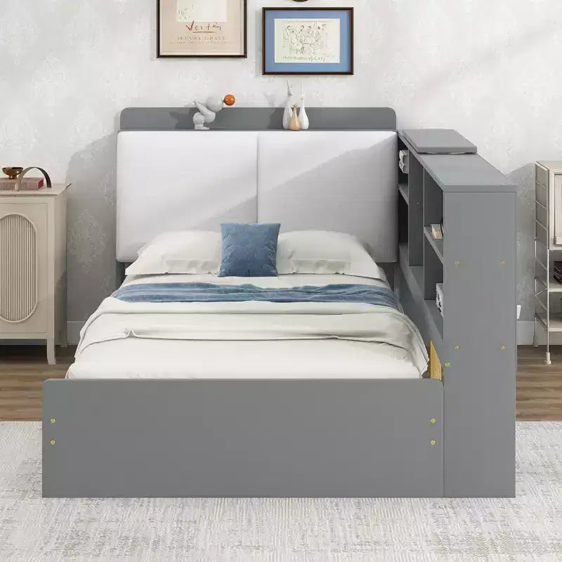 Lit plateforme double avec tête de lit de rangement, cadre de lit en bois avec étagères et 2 tiroirs, gris