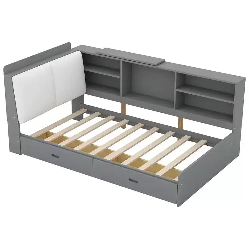 Lit plateforme double avec tête de lit de rangement, cadre de lit en bois avec étagères et 2 tiroirs, gris