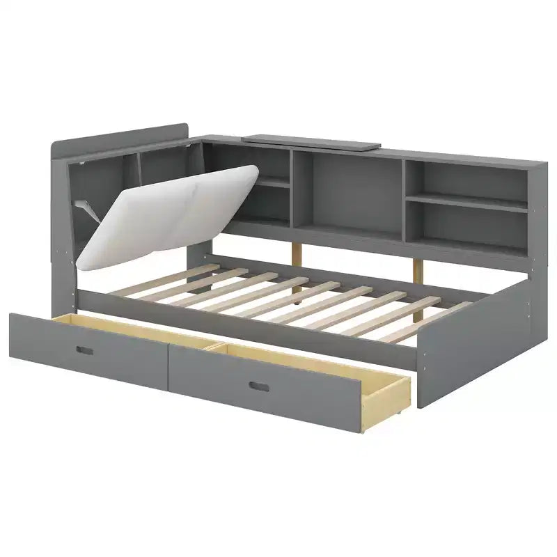 Lit plateforme double avec tête de lit de rangement, cadre de lit en bois avec étagères et 2 tiroirs, gris