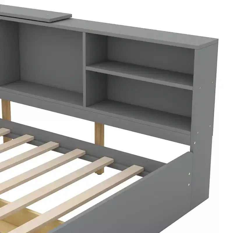 Lit plateforme double avec tête de lit de rangement, cadre de lit en bois avec étagères et 2 tiroirs, gris