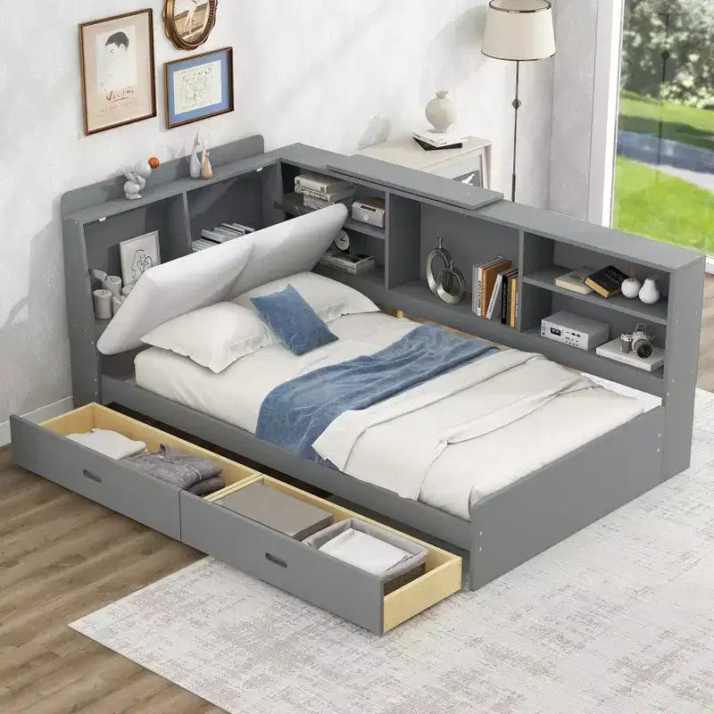Lit plateforme double avec tête de lit de rangement, cadre de lit en bois avec étagères et 2 tiroirs, gris