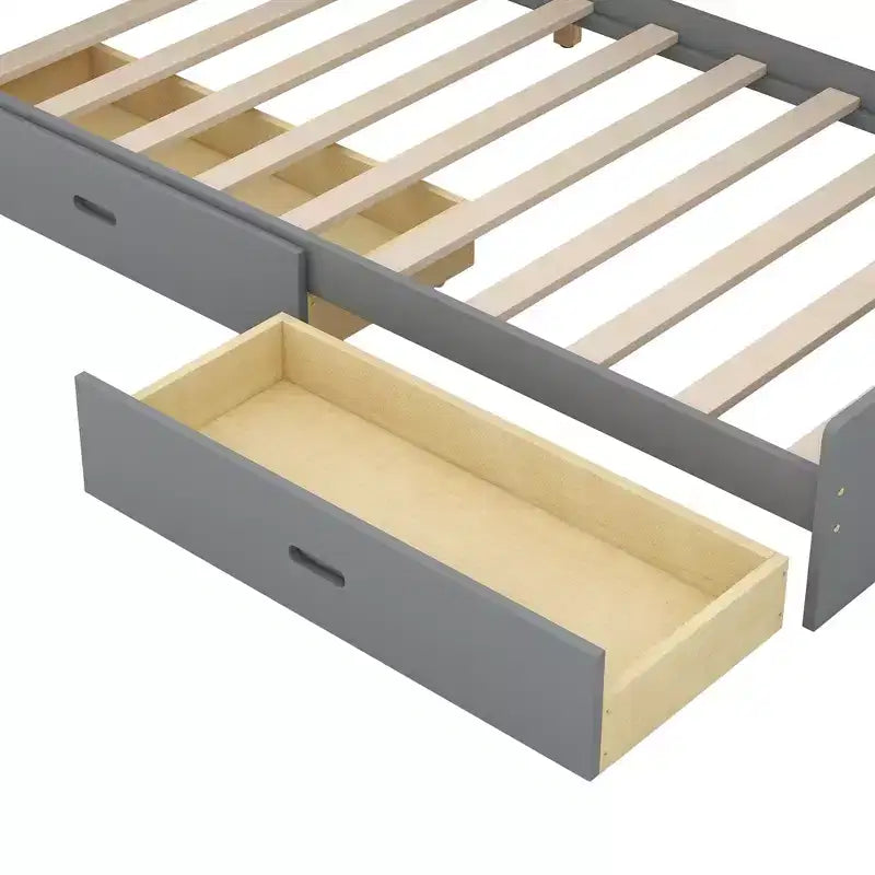 Lit plateforme double avec tête de lit de rangement, cadre de lit en bois avec étagères et 2 tiroirs, gris