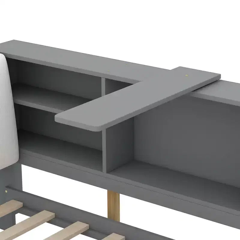 Lit plateforme double avec tête de lit de rangement, cadre de lit en bois avec étagères et 2 tiroirs, gris