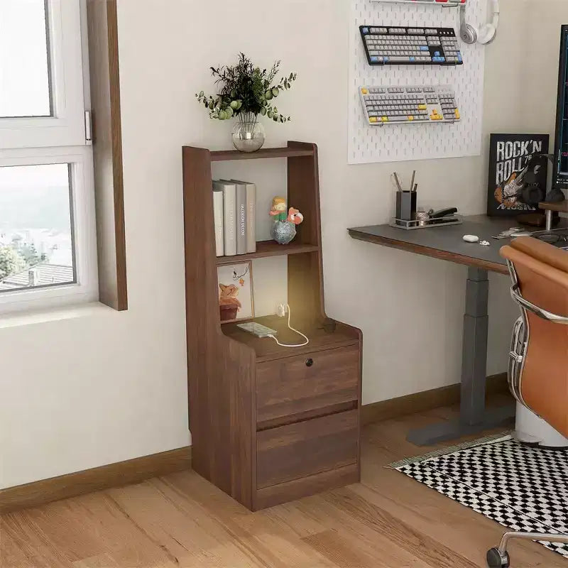 Table de chevet haute avec station de recharge et veilleuse, commande vocale, grandes tables de chevet en bois avec meuble de rangement et étagère à livres