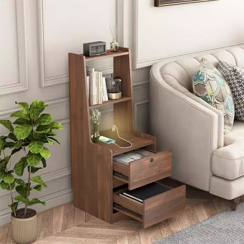 Table de chevet haute avec station de recharge et veilleuse, commande vocale, grandes tables de chevet en bois avec meuble de rangement et étagère à livres