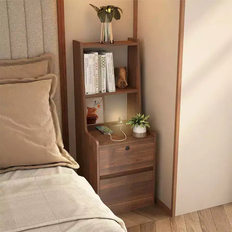 Table de chevet haute avec station de recharge et veilleuse, commande vocale, grandes tables de chevet en bois avec meuble de rangement et étagère à livres