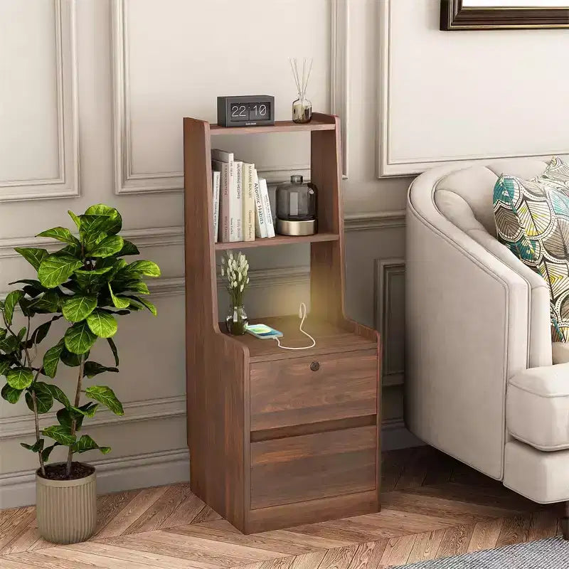 Table de chevet haute avec station de recharge et veilleuse, commande vocale, grandes tables de chevet en bois avec meuble de rangement et étagère à livres