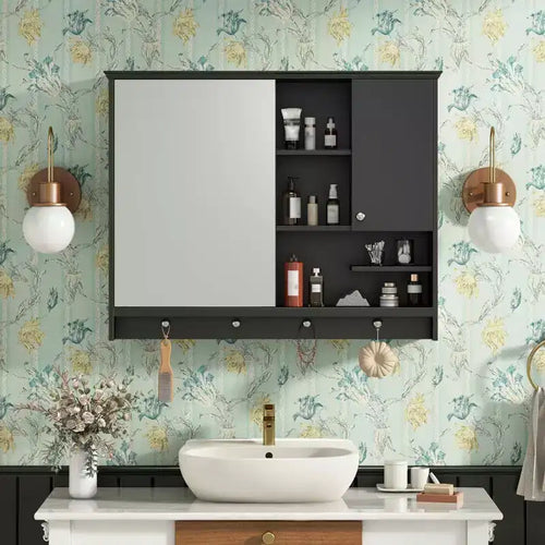 Meuble de salle de bain mural de 36 pouces avec miroir et étagère réglable, Noir