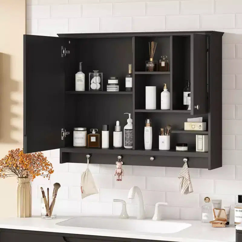 Meuble de salle de bain mural de 36 pouces avec miroir et étagère réglable, Noir