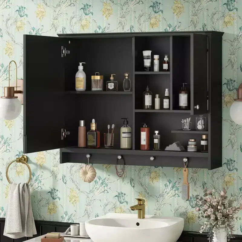 Meuble de salle de bain mural de 36 pouces avec miroir et étagère réglable, Noir