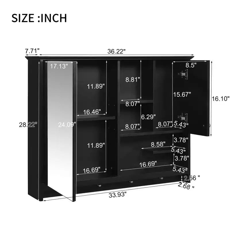 Meuble de salle de bain mural de 36 pouces avec miroir et étagère réglable, Noir