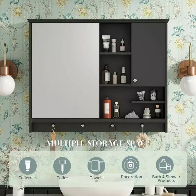 Meuble de salle de bain mural de 36 pouces avec miroir et étagère réglable, Noir