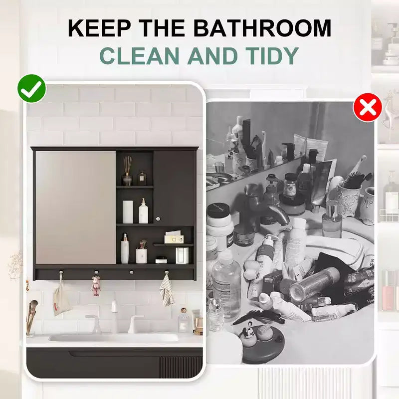 Meuble de salle de bain mural de 36 pouces avec miroir et étagère réglable, Noir
