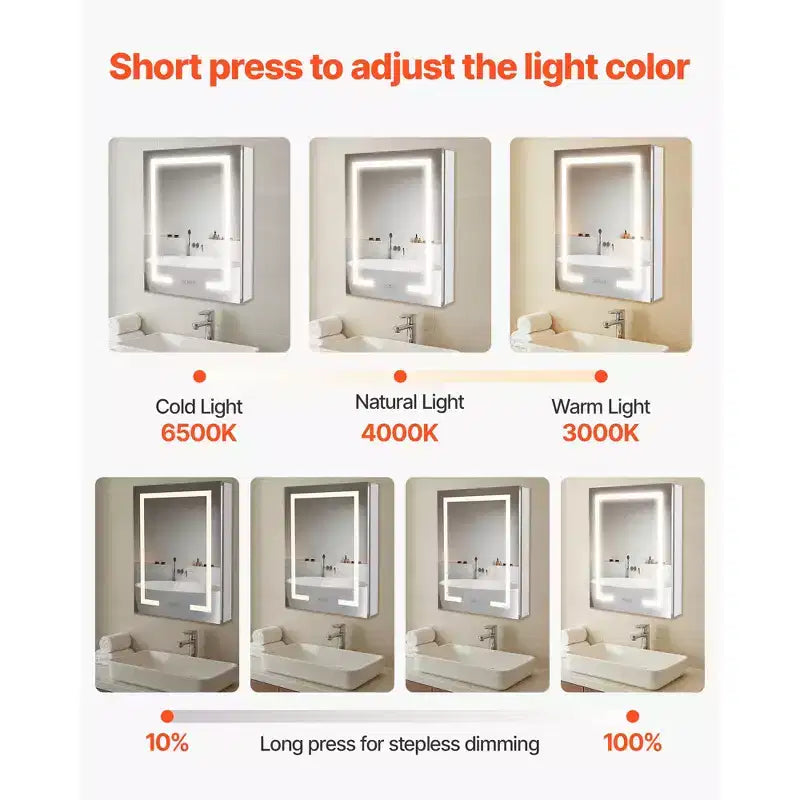 Armoire à pharmacie lumineuse avec miroir, 20x26 pouces, encastrable ou murale, intensité lumineuse 3 couleurs, miroir double face, blanc