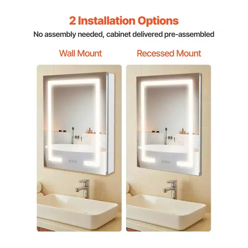 Armoire à pharmacie lumineuse avec miroir, 20x26 pouces, encastrable ou murale, intensité lumineuse 3 couleurs, miroir double face, blanc