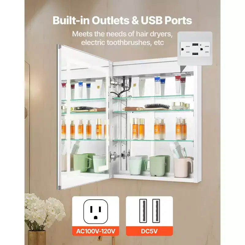 Armoire à pharmacie lumineuse avec miroir, 20x26 pouces, encastrable ou murale, intensité lumineuse 3 couleurs, miroir double face, blanc