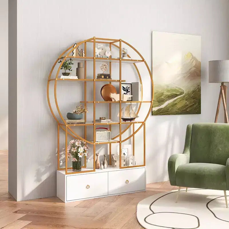 Bibliothèque métallique de 180 cm de haut, 6 étagères, dorée, avec 2 tiroirs de rangement