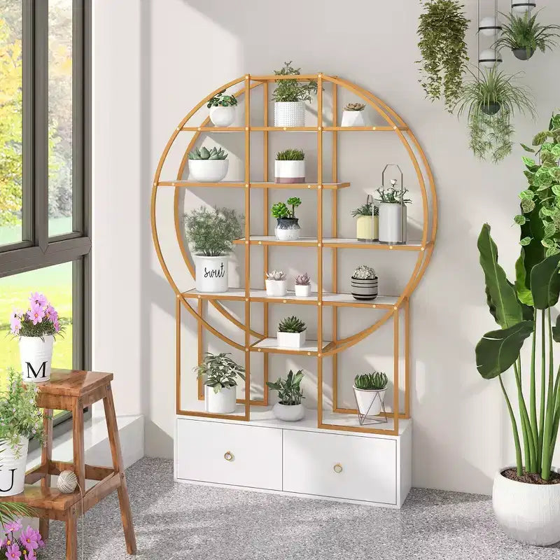Bibliothèque métallique de 180 cm de haut, 6 étagères, dorée, avec 2 tiroirs de rangement