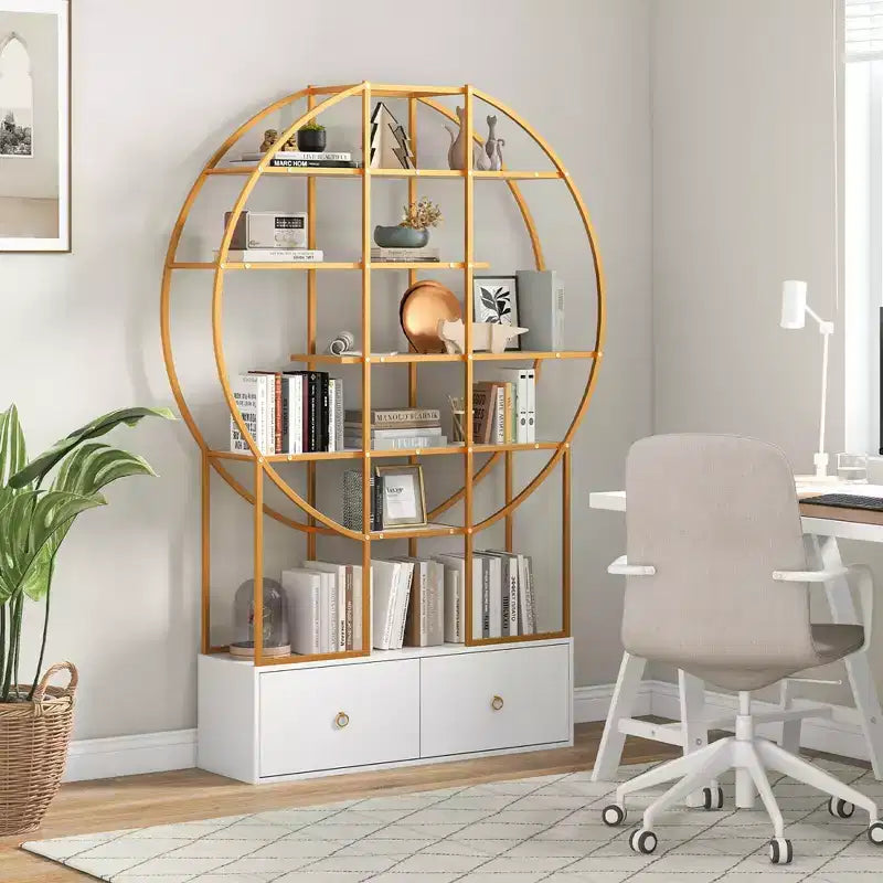 Bibliothèque métallique de 180 cm de haut, 6 étagères, dorée, avec 2 tiroirs de rangement