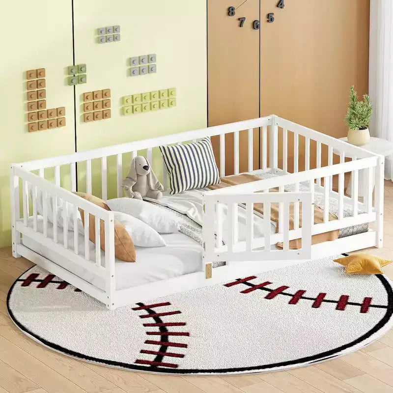 Lit au sol en bois avec clôture de sécurité et porte, sommier à lattes pour enfants