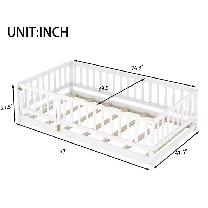 Lit au sol en bois avec clôture de sécurité et porte, sommier à lattes pour enfants