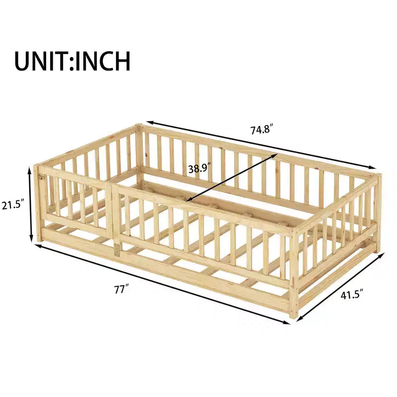 Lit au sol en bois avec clôture de sécurité et porte, sommier à lattes pour enfants