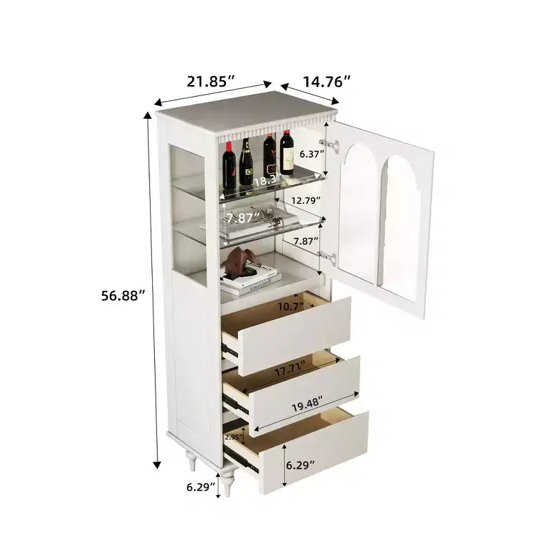 Armoire de cuisine blanche de 144,47 cm de haut avec portes vitrées arquées et 3 tiroirs