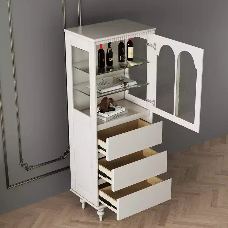 Armoire de cuisine blanche de 144,47 cm de haut avec portes vitrées arquées et 3 tiroirs