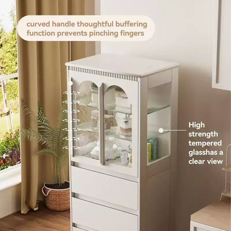 Armoire de cuisine blanche de 144,47 cm de haut avec portes vitrées arquées et 3 tiroirs
