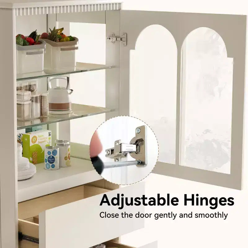Armoire de cuisine blanche de 144,47 cm de haut avec portes vitrées arquées et 3 tiroirs