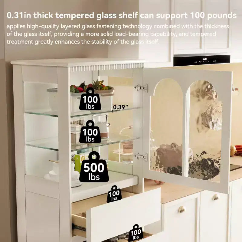 Armoire de cuisine blanche de 144,47 cm de haut avec portes vitrées arquées et 3 tiroirs