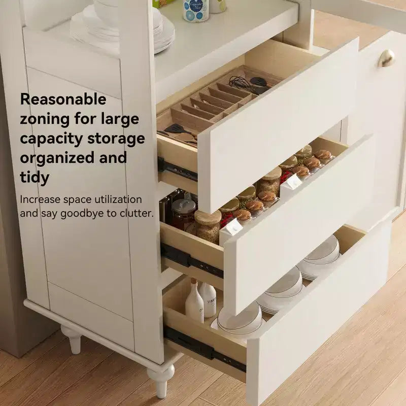 Armoire de cuisine blanche de 144,47 cm de haut avec portes vitrées arquées et 3 tiroirs